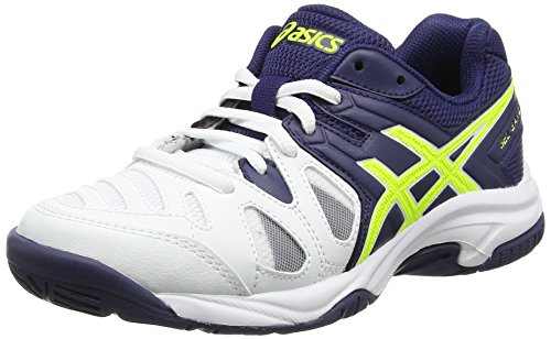 Asics Unisex-Kinder Gel-Game 5 GS Tennisschuhe, Weiß (White/Indigo Blue/Safety Yellow), 34.5 EU